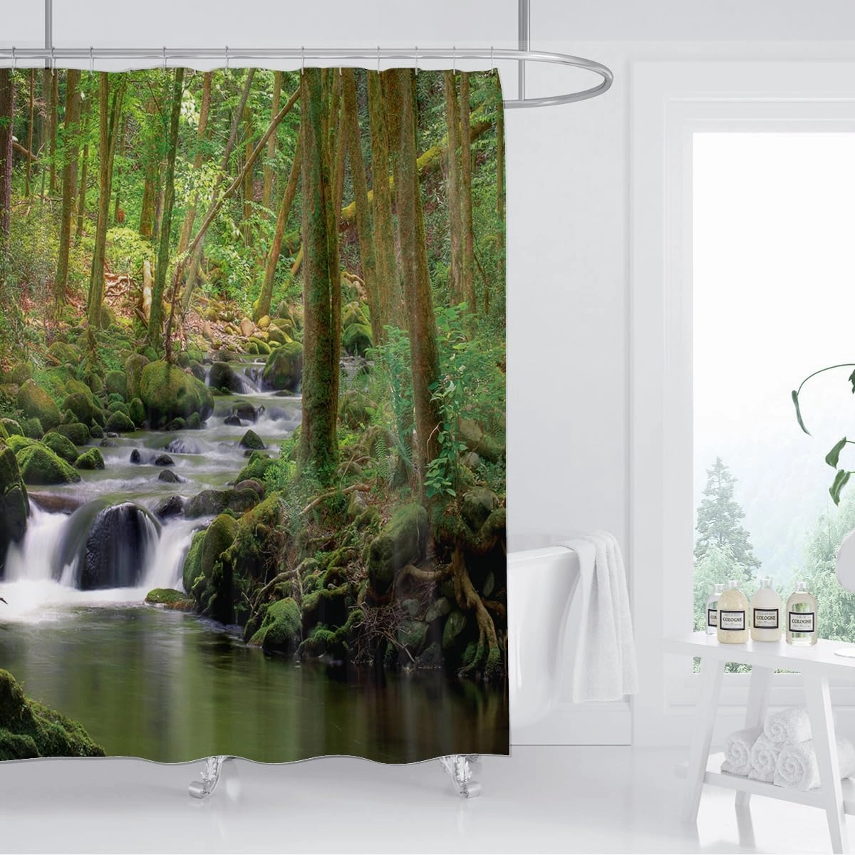 Nature Shower Curtain Flowing Stream Forest Waterfall Natural Landscape Green Trees Jungle Mossy Rocks Themed Scenery Waterproof Fabric Bathroom Decor 72Lx60W Inch Plastic Hooks 12PCS