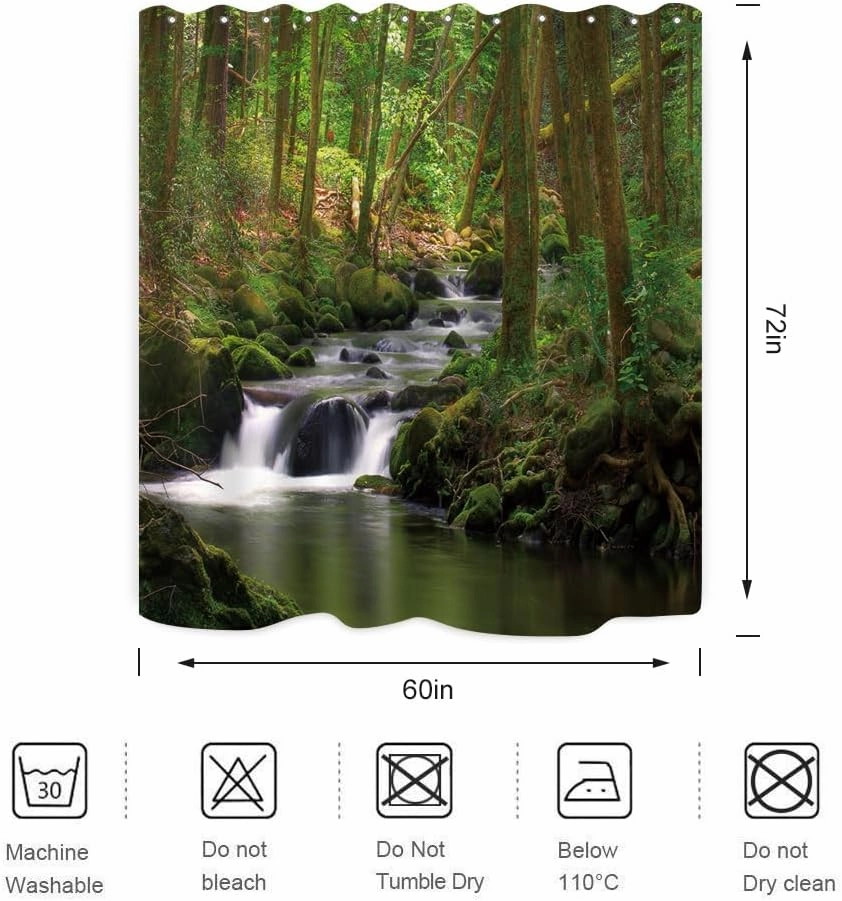 Nature Shower Curtain Flowing Stream Forest Waterfall Natural Landscape Green Trees Jungle Mossy Rocks Themed Scenery Waterproof Fabric Bathroom Decor 72Lx60W Inch Plastic Hooks 12PCS