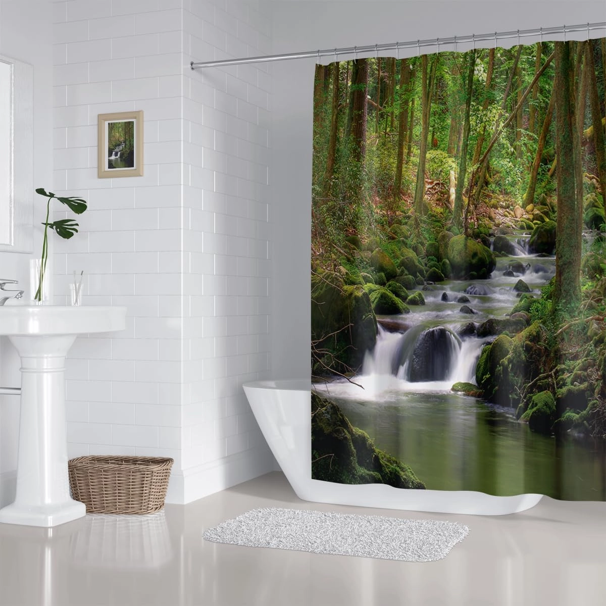 Nature Shower Curtain Flowing Stream Forest Waterfall Natural Landscape Green Trees Jungle Mossy Rocks Themed Scenery Waterproof Fabric Bathroom Decor 72Lx60W Inch Plastic Hooks 12PCS
