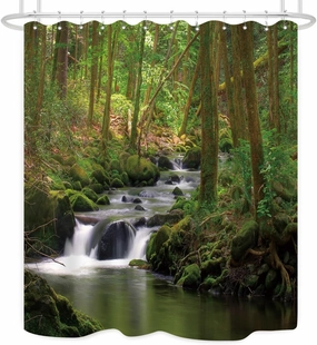 Nature Shower Curtain Flowing Stream Forest Waterfall Natural Landscape Green Trees Jungle Mossy Rocks Themed Scenery Waterproof Fabric Bathroom Decor 72Lx60W Inch Plastic Hooks 12PCS