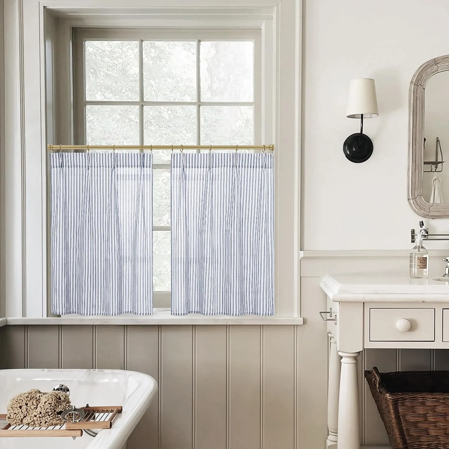 Navy Blue Kitchen Curtains,Ticking Stripe Cafe White Farmhouse 24 Inch Length Linen Sheer Ocean Nautical Curtains for Bathroom Window