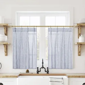 Navy Blue Kitchen Curtains,Ticking Stripe Cafe White Farmhouse 24 Inch Length Linen Sheer Ocean Nautical Curtains for Bathroom Window