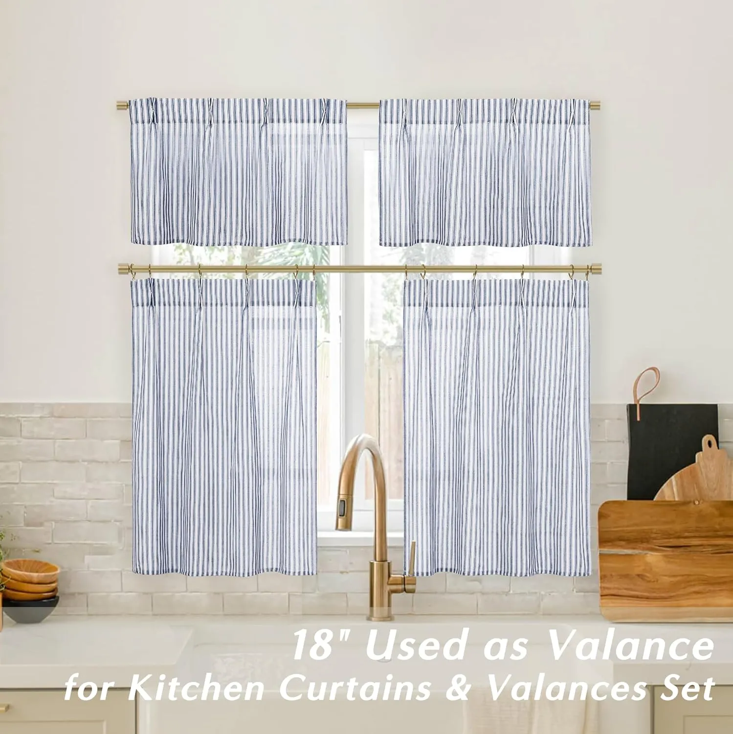Navy Blue Kitchen Curtains,Ticking Stripe Cafe White Farmhouse 24 Inch Length Linen Sheer Ocean Nautical Curtains for Bathroom Window