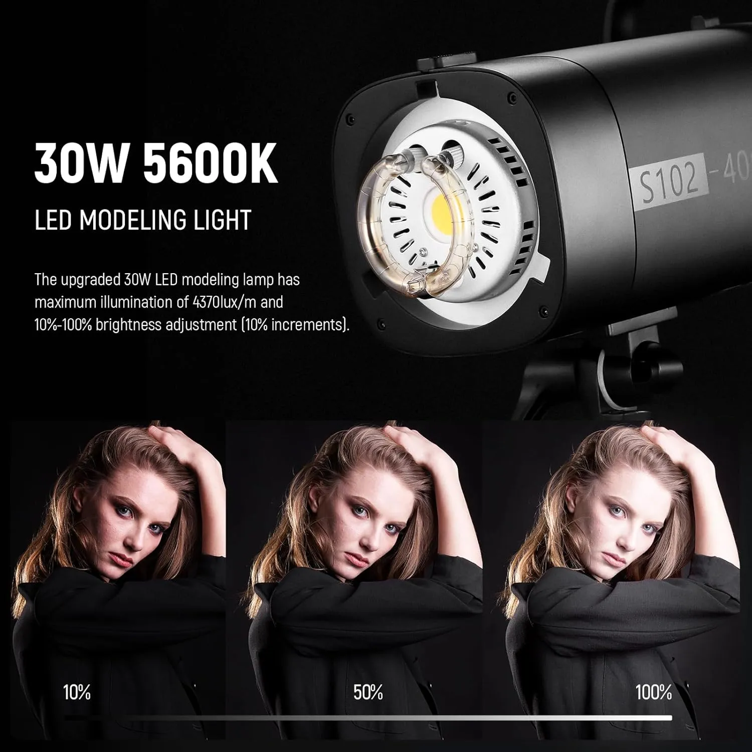 NEEWER S102-400W PRO Strobe Flash Light with 2.4G Trigger, 400Ws GN62 5600K with 30W LED Modeling Lamp Bowens Mount Reflector S1/S2 Mode Silent Fan for Portrait Product Photography, QPRO Supported