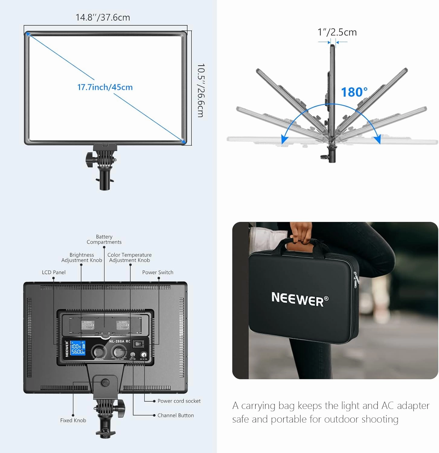 Neewer NL288 LED Video Light with 2.4G Remote, 45W 4800Lux 3200K-5600K CRI 97  Dimmable Bi-Color 18" Soft Light Panel for Photography YouTube Live Stream Game Zoom Meeting(Battery Not Included)