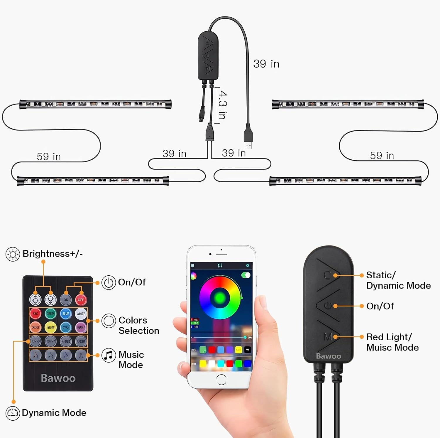 NEW Bawoo Interior Car Lights, Car LED Strip Light Waterproof 48 LED Lights for Car with APP Control, RGB Music Sync Under Dash Car Light with Car Charger, DC (Large/APP & Box Control)