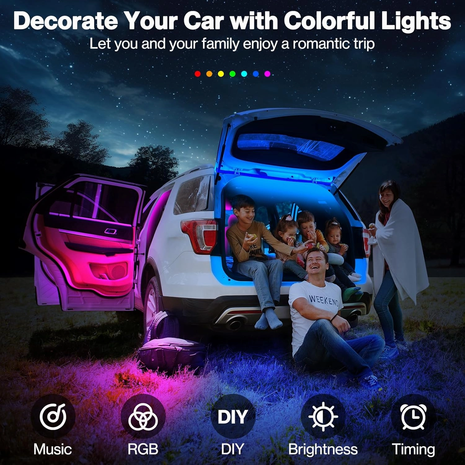 NEW Bawoo Interior Car Lights, Car LED Strip Light Waterproof 48 LED Lights for Car with APP Control, RGB Music Sync Under Dash Car Light with Car Charger, DC (Large/APP & Box Control)