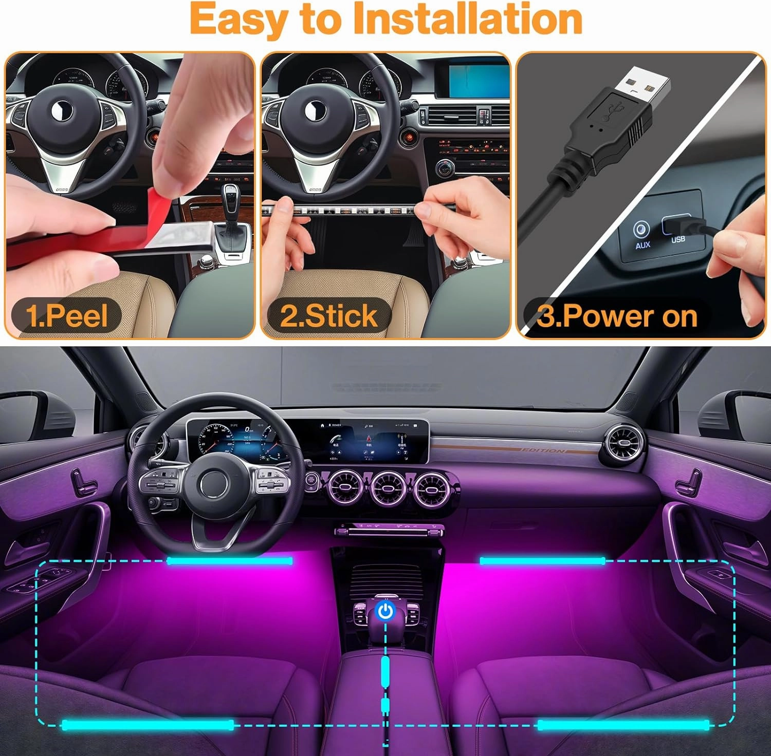 NEW Bawoo Interior Car Lights, Car LED Strip Light Waterproof 48 LED Lights for Car with APP Control, RGB Music Sync Under Dash Car Light with Car Charger, DC (Large/APP & Box Control)