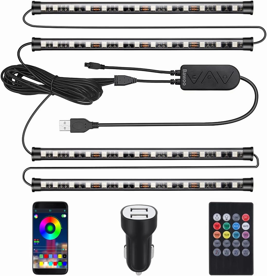 NEW Bawoo Interior Car Lights, Car LED Strip Light Waterproof 48 LED Lights for Car with APP Control, RGB Music Sync Under Dash Car Light with Car Charger, DC (Large/APP & Box Control)