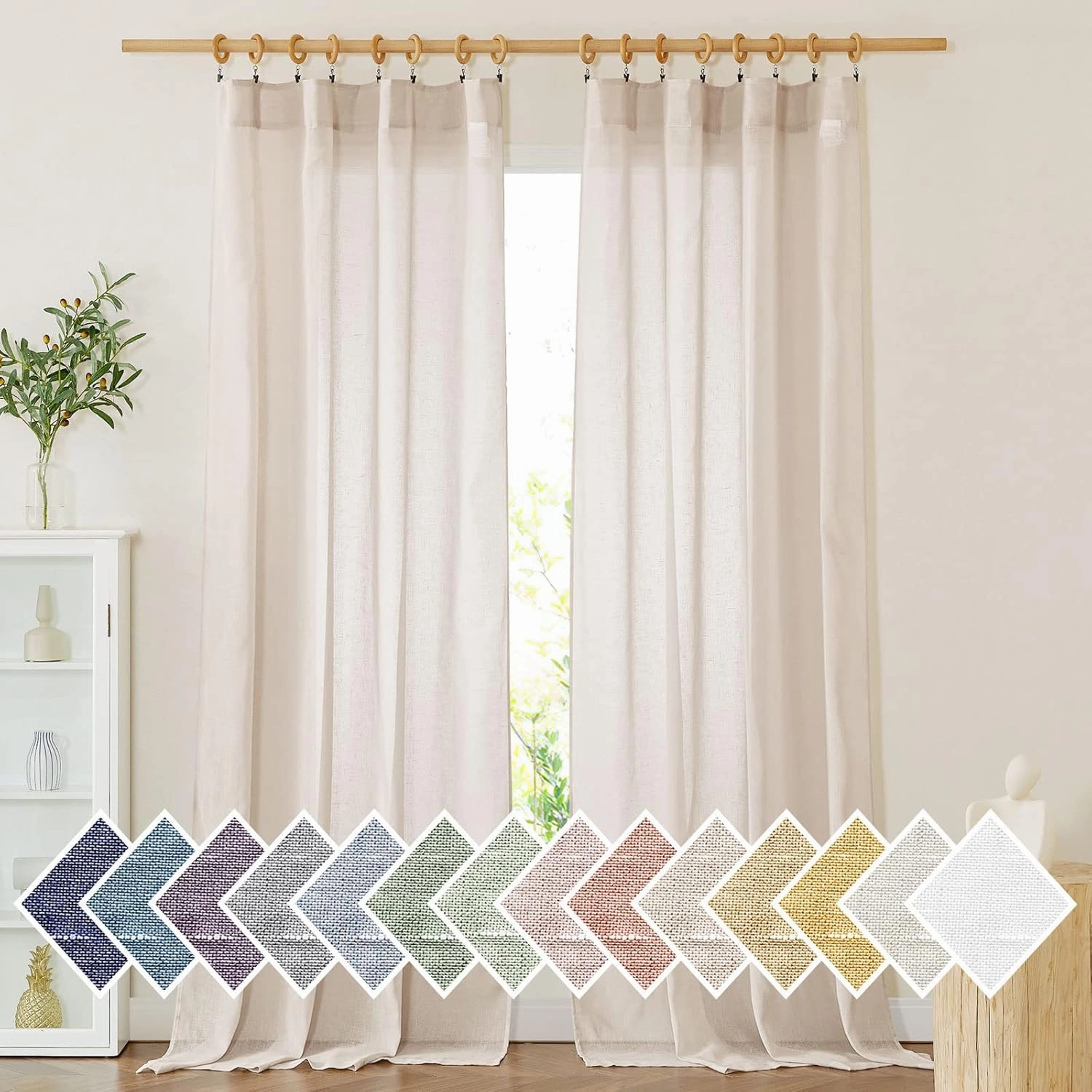 NICETOWN Semi Sheer Beige Curtains 84 inches Long, Rod Pocket & Back Tab Open Linen Blend Vertical Window Drapes Privacy with Light Filter for Living Room/Farmhouse, W52 x L84, 2 Panels