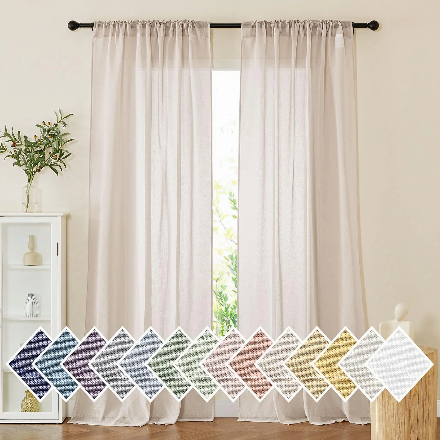 NICETOWN Semi Sheer Beige Curtains 84 inches Long, Rod Pocket & Back Tab Open Linen Blend Vertical Window Drapes Privacy with Light Filter for Living Room/Farmhouse, W52 x L84, 2 Panels