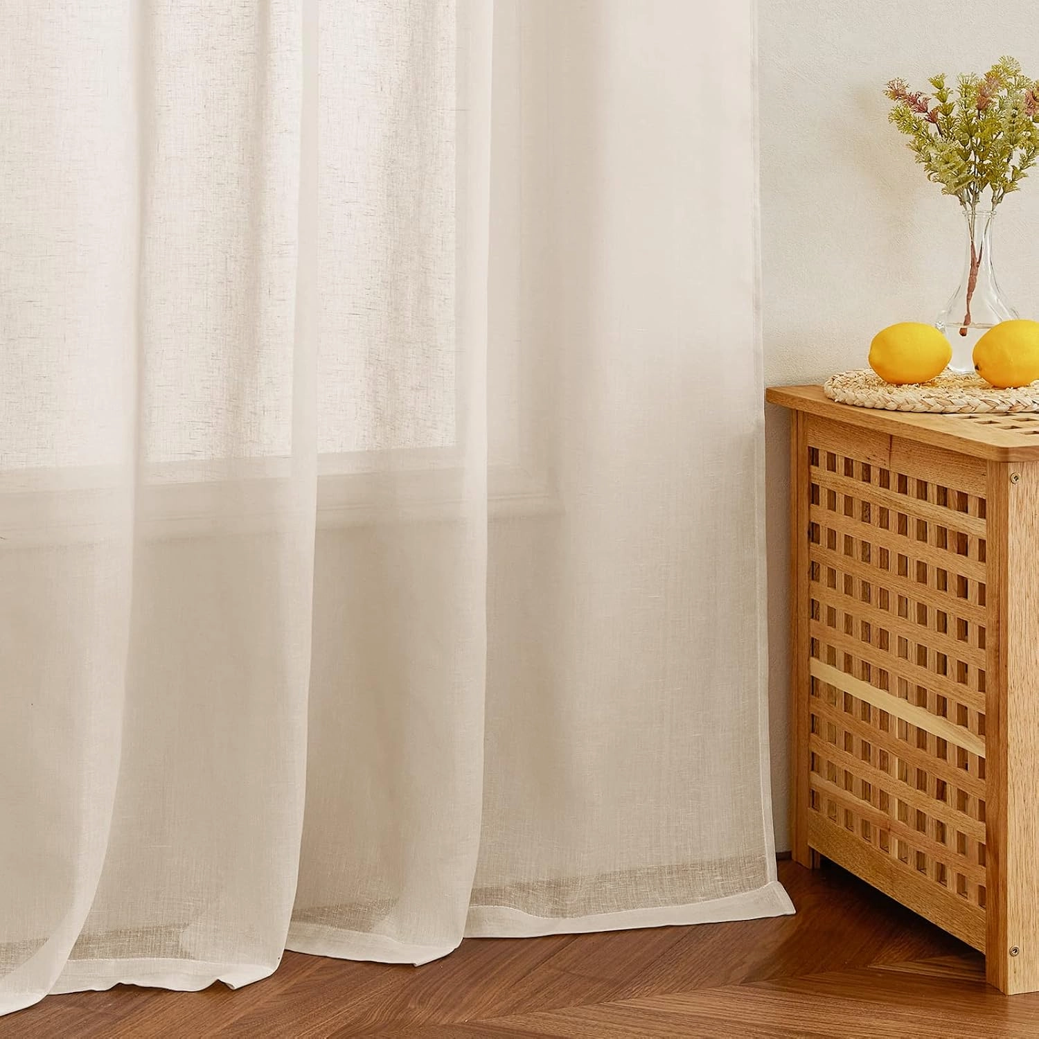 NICETOWN Semi Sheer Beige Curtains 84 inches Long, Rod Pocket & Back Tab Open Linen Blend Vertical Window Drapes Privacy with Light Filter for Living Room/Farmhouse, W52 x L84, 2 Panels