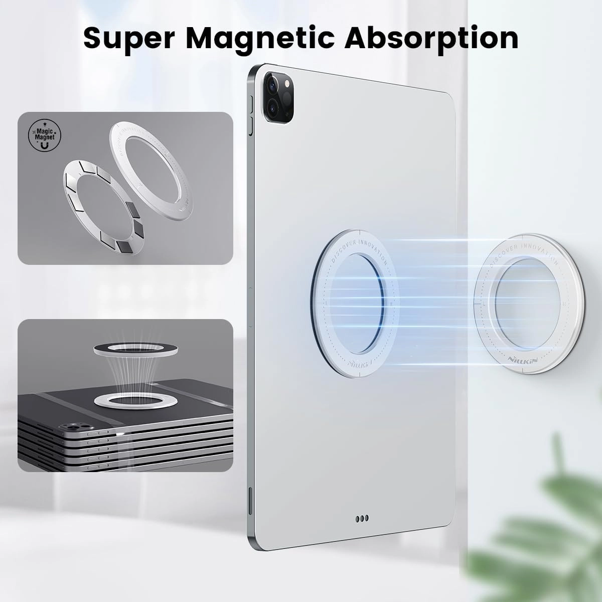 Nillkin iPad Magnetic Wall Mount for iPad Pro, Air, Mini, 7.9-14" Tablet Kindle Holder for Car Headrest Backseat, Kitchen, Bathroom, Gym, Bedroom, Fridge (White)