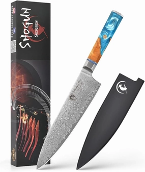 Nordic The New Shogun Series Professional 8-inch Chef Knife, 67-Layer Folded Damascus Super Steel, VG-10 Core, Rockwell 60±2 Hardness, Wood and Resin Handle, Magnetic Sheath.