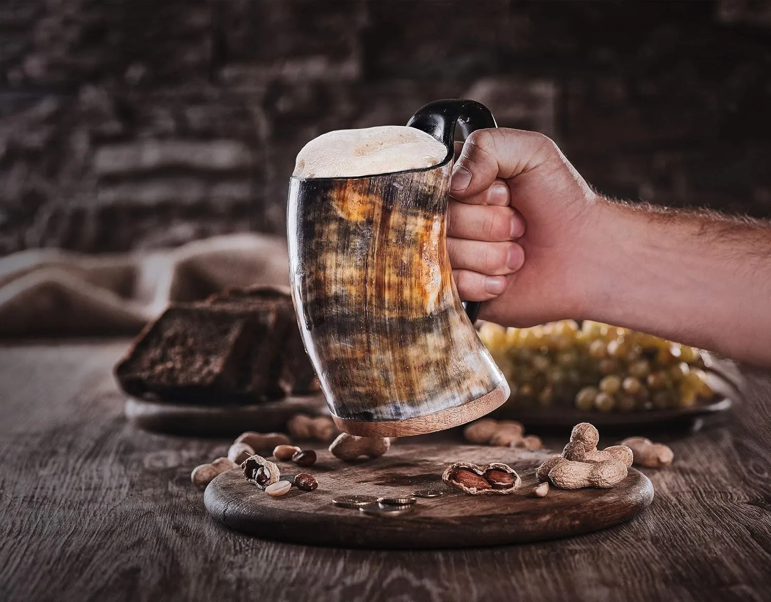 Norse Tradesman LG Viking Drinking Horn Mug - 100% Authentic Beer Horn Tankard With Hardwood Bottom & Ring Engravings | The Eternal, Low Polish, approx. 16 oz
