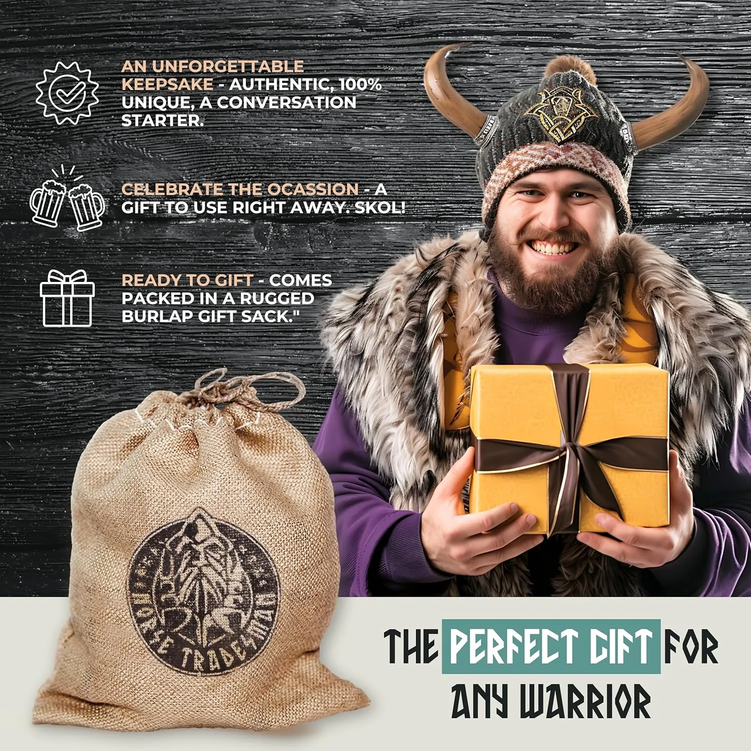 Norse Tradesman LG Viking Drinking Horn Mug - 100% Authentic Beer Horn Tankard With Hardwood Bottom & Ring Engravings | The Eternal, Low Polish, approx. 16 oz
