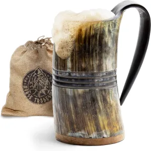 Norse Tradesman LG Viking Drinking Horn Mug - 100% Authentic Beer Horn Tankard With Hardwood Bottom & Ring Engravings | The Eternal, Low Polish, approx. 16 oz