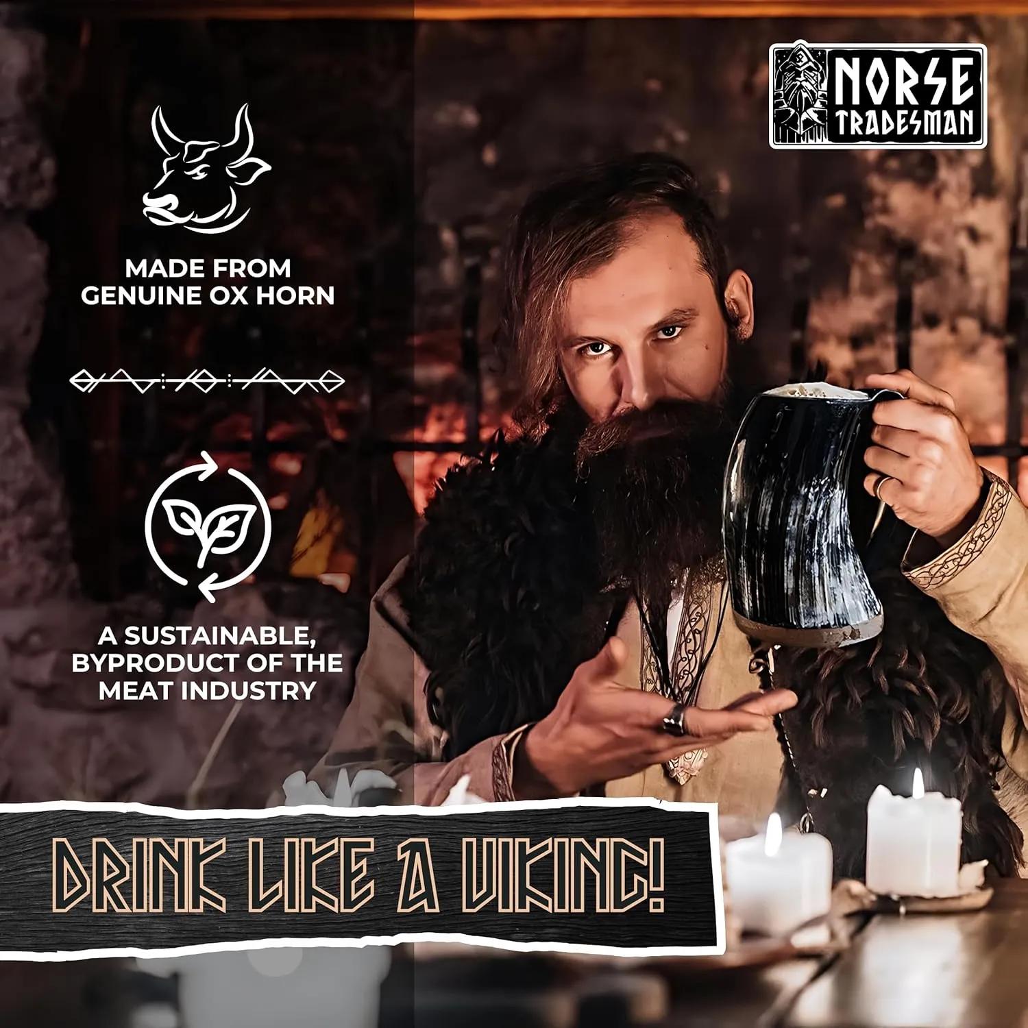 Norse Tradesman LG Viking Drinking Horn Mug - 100% Authentic Beer Horn Tankard With Hardwood Bottom & Ring Engravings | The Eternal, Low Polish, approx. 16 oz