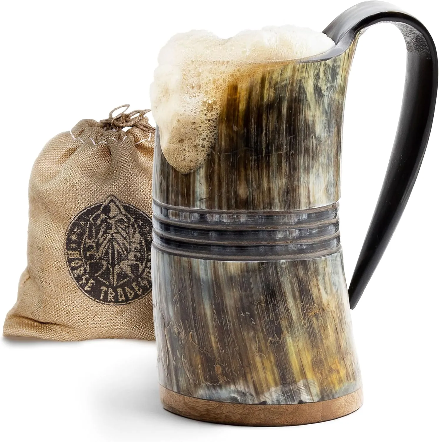 Norse Tradesman LG Viking Drinking Horn Mug - 100% Authentic Beer Horn Tankard With Hardwood Bottom & Ring Engravings | The Eternal, Low Polish, approx. 16 oz