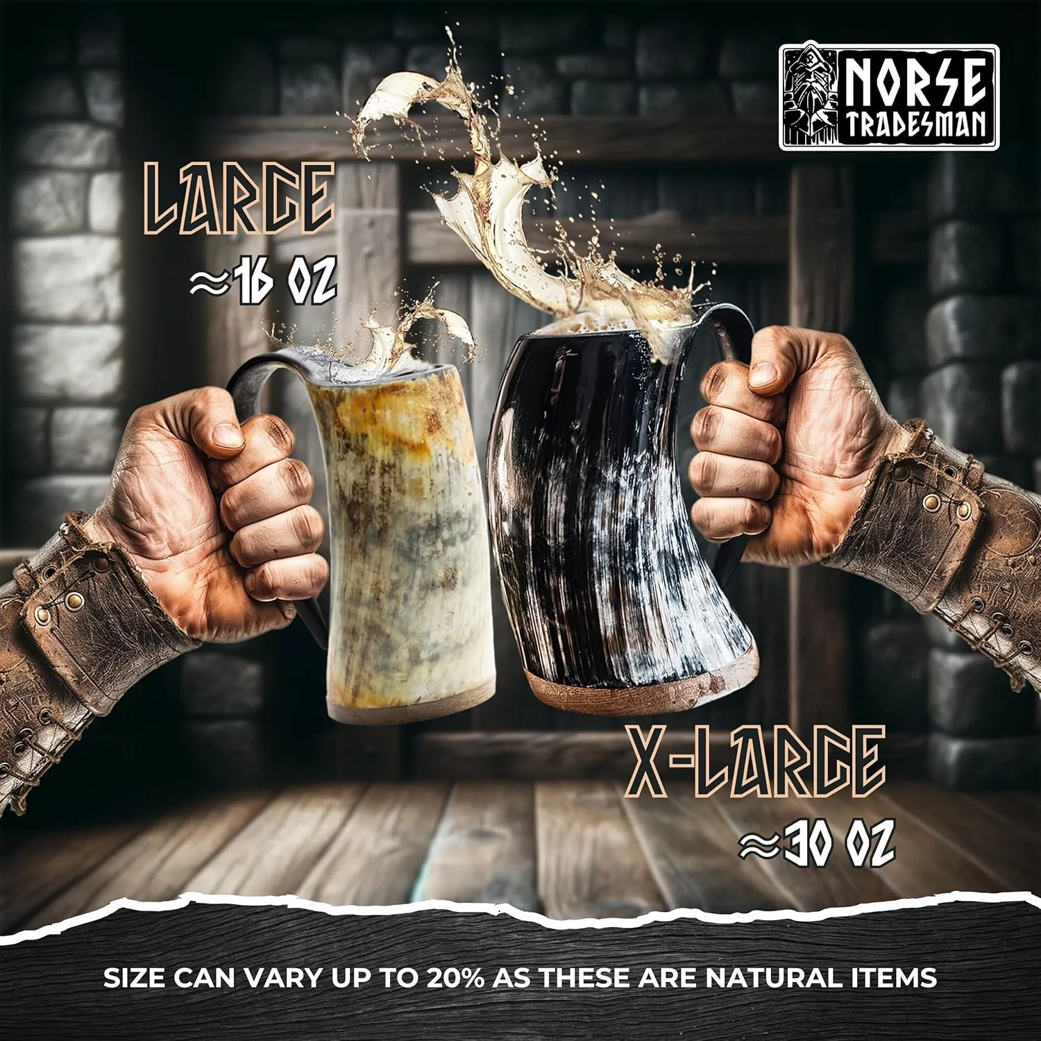 Norse Tradesman LG Viking Drinking Horn Mug - 100% Authentic Beer Horn Tankard With Hardwood Bottom & Ring Engravings | The Eternal, Low Polish, approx. 16 oz