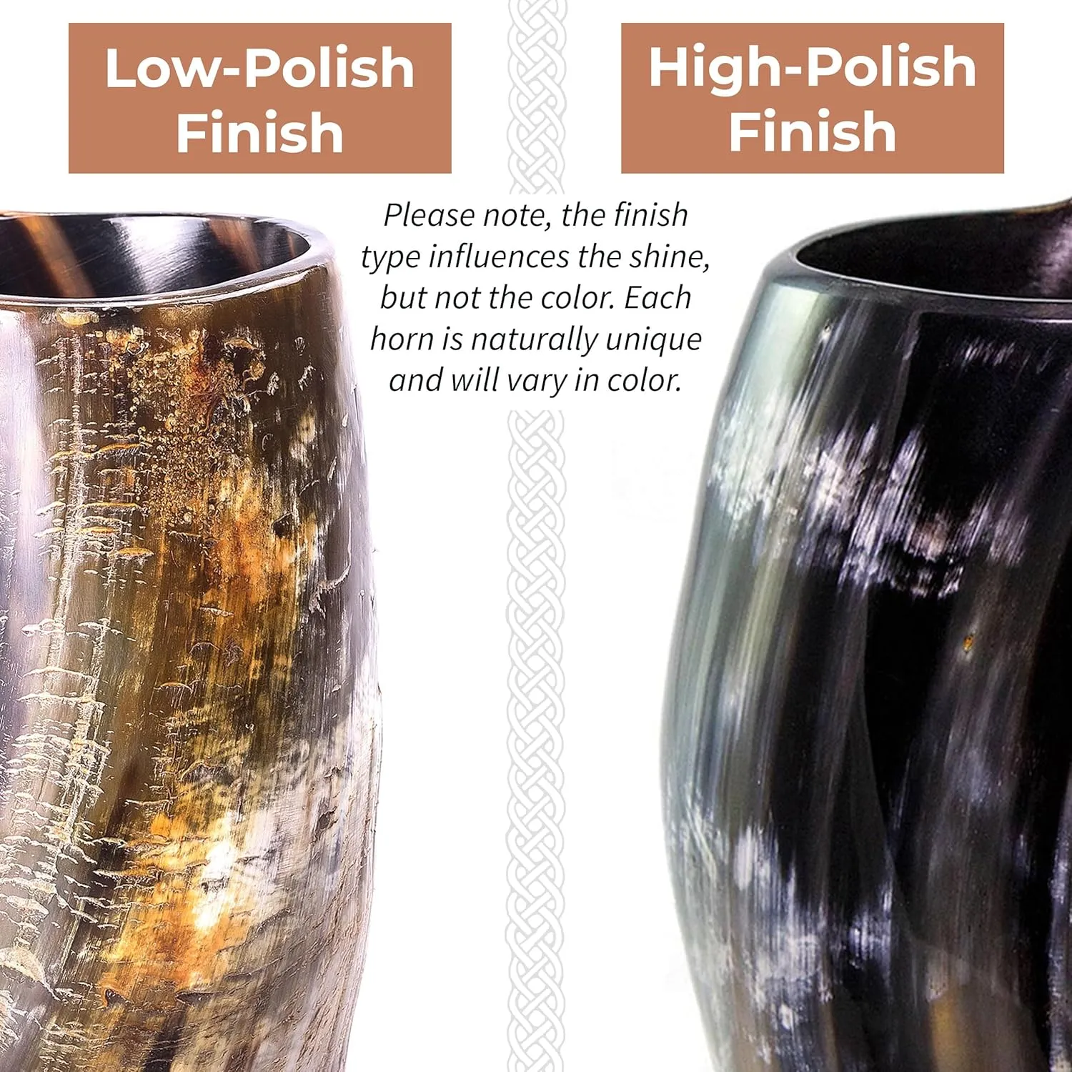 Norse Tradesman LG Viking Drinking Horn Mug - 100% Authentic Beer Horn Tankard With Hardwood Bottom & Ring Engravings | The Eternal, Low Polish, approx. 16 oz