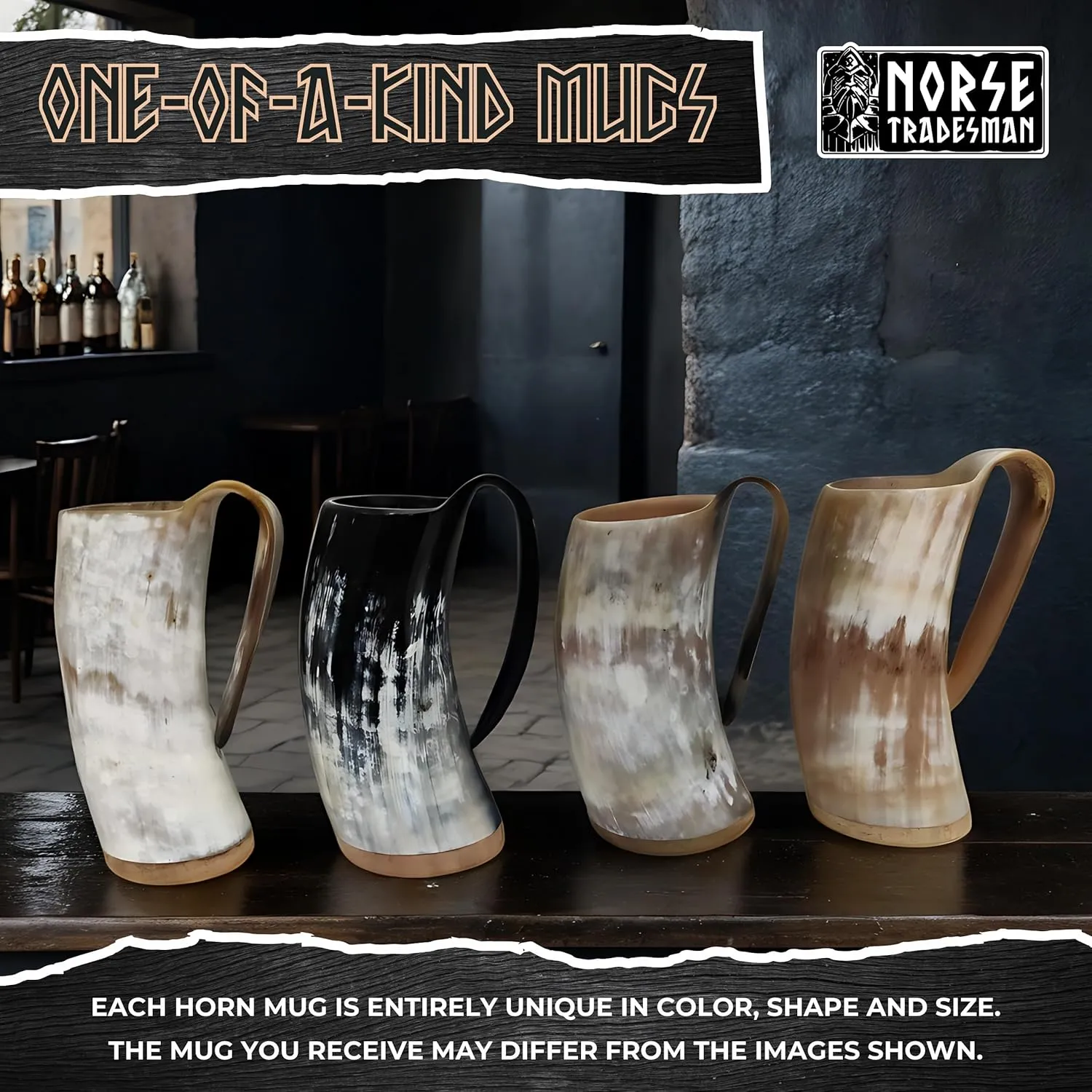 Norse Tradesman LG Viking Drinking Horn Mug - 100% Authentic Beer Horn Tankard With Hardwood Bottom & Ring Engravings | The Eternal, Low Polish, approx. 16 oz
