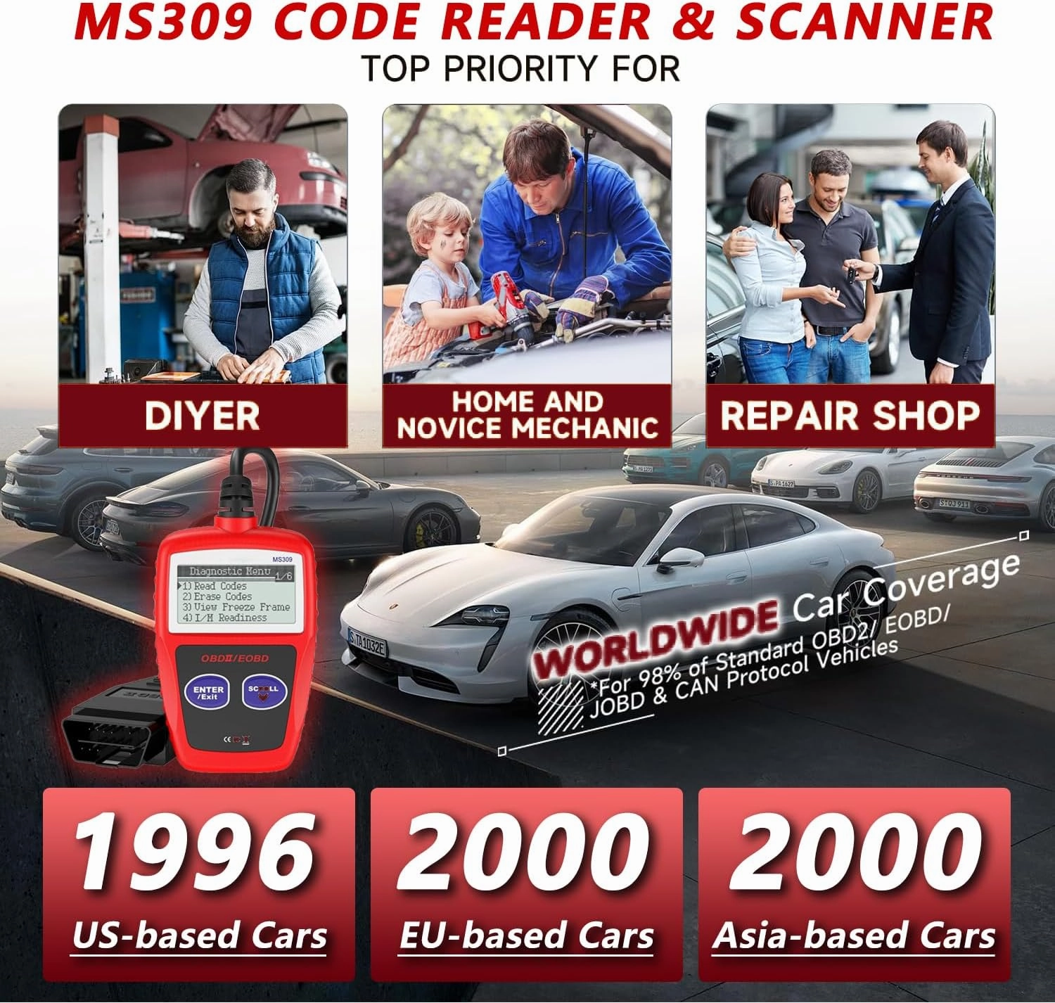 OBD2 Scanner Car Code Reader MS309 Universal Car Engine Fault Code Reader, Enhanced Check Engine Fault Professional OBDII CAN Diagnostic Scan Tool for All Vehicles After 1996【2025 New Upgraded 】