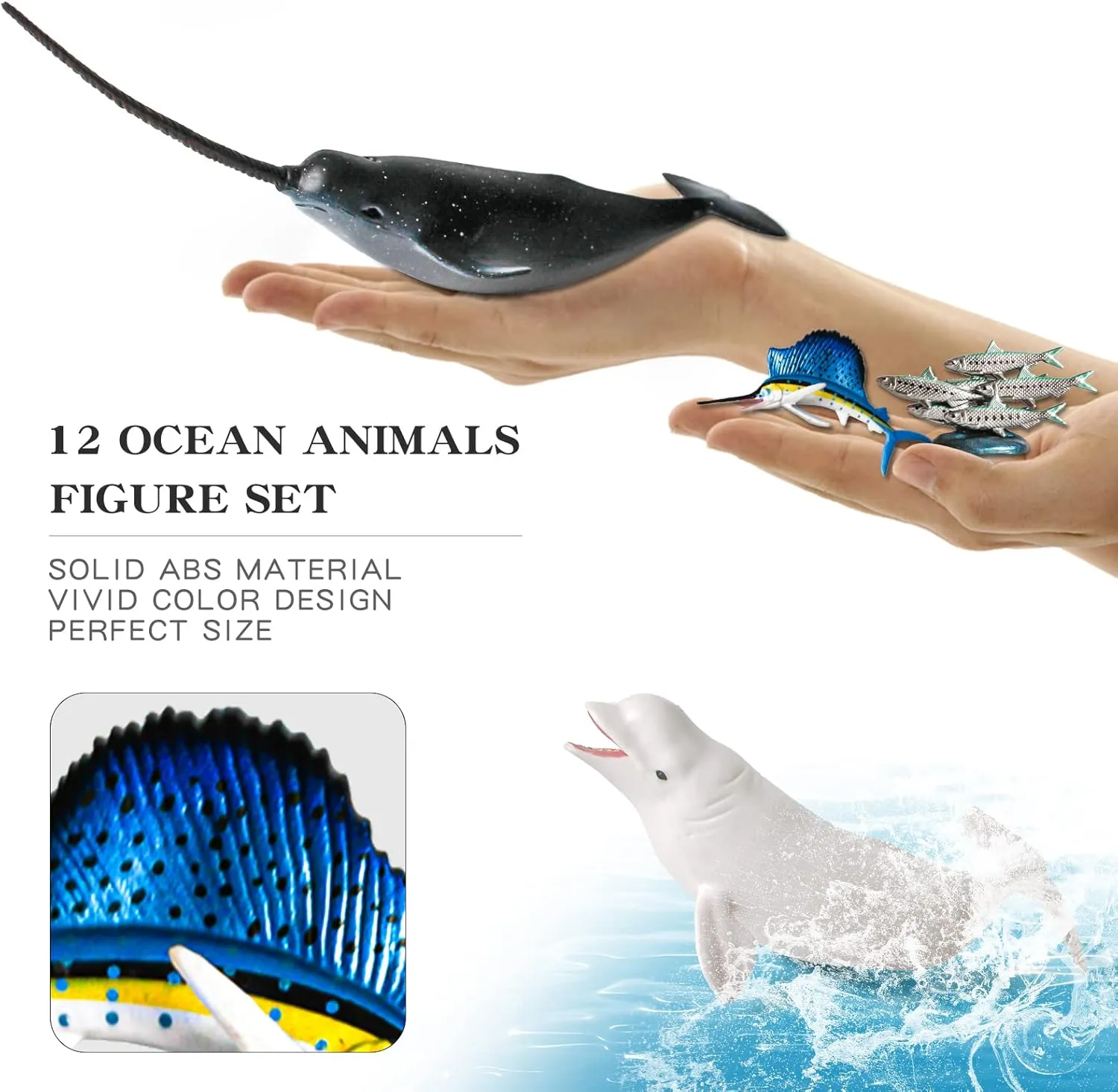 Ocean Sea Animals Set Fish Toys 12PCS Sea Creatures Educational Science Sharks Figurines Whale Toys Sailfish Figure Narwhal Animals Bulk Kids Birthday Educational
