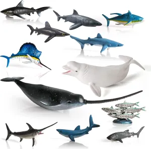 Ocean Sea Animals Set Fish Toys 12PCS Sea Creatures Educational Science Sharks Figurines Whale Toys Sailfish Figure Narwhal Animals Bulk Kids Birthday Educational