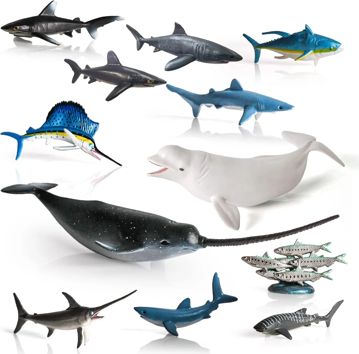 Ocean Sea Animals Set Fish Toys 12PCS Sea Creatures Educational Science Sharks Figurines Whale Toys Sailfish Figure Narwhal Animals Bulk Kids Birthday Educational