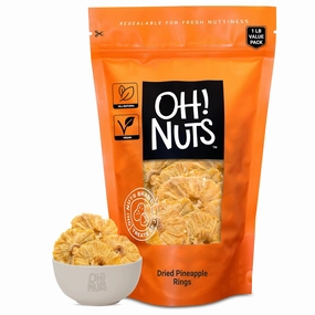 Oh! Nuts Dried Pineapple Natural - 1 LB - Dried Fruit Rings - Organic Unsweetened - Dehydrated Fruit Bites - Packed in New York Zip-Seal Bag for Exceptional Freshness