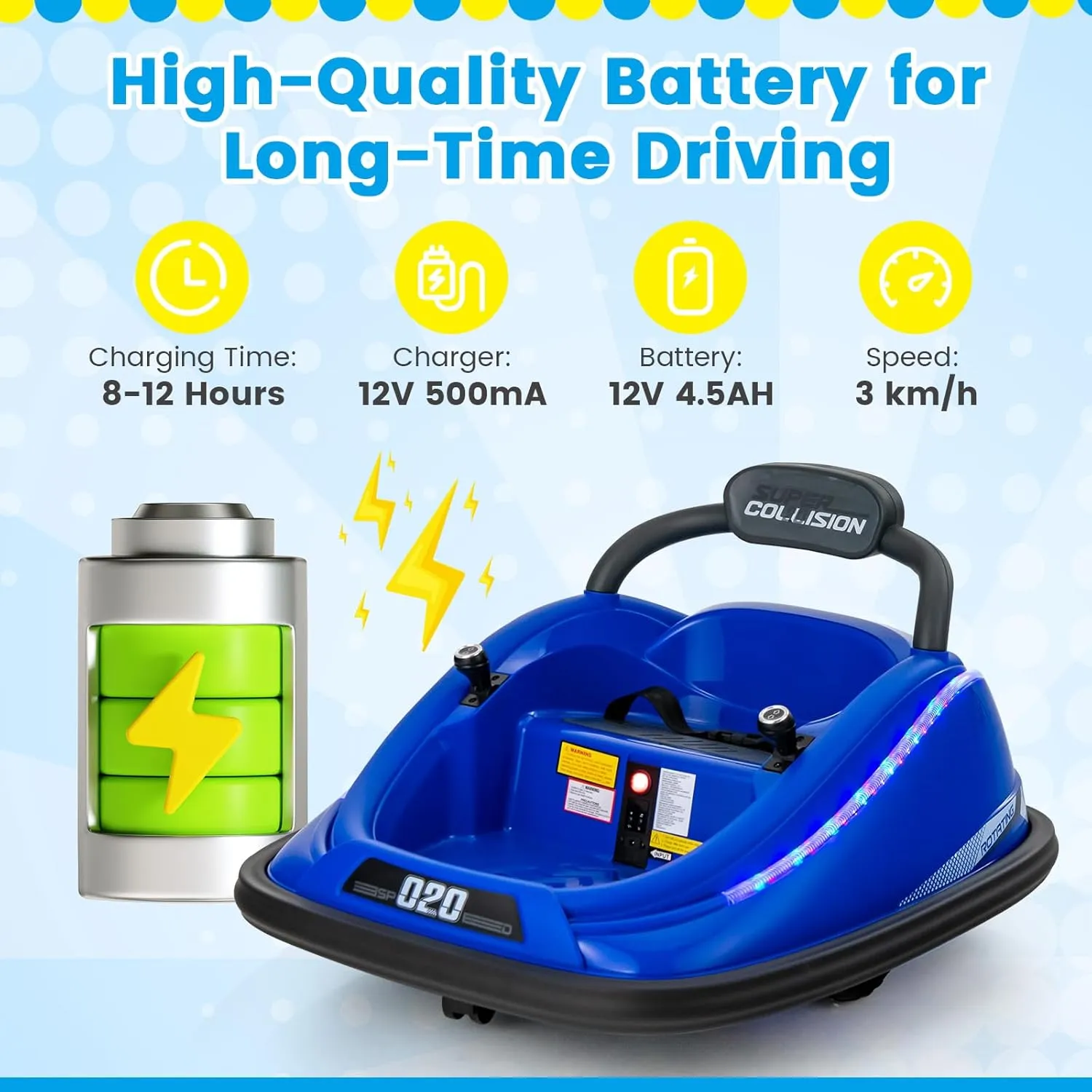 OLAKIDS Bumper Car for Toddlers, 12V Kids Electric Ride on Toy with Remote Control, Battery Powered Vehicle Racer for Baby, 360 Degree Spin Rotation, Colorful Flashing LED Lights, Music (Blue)