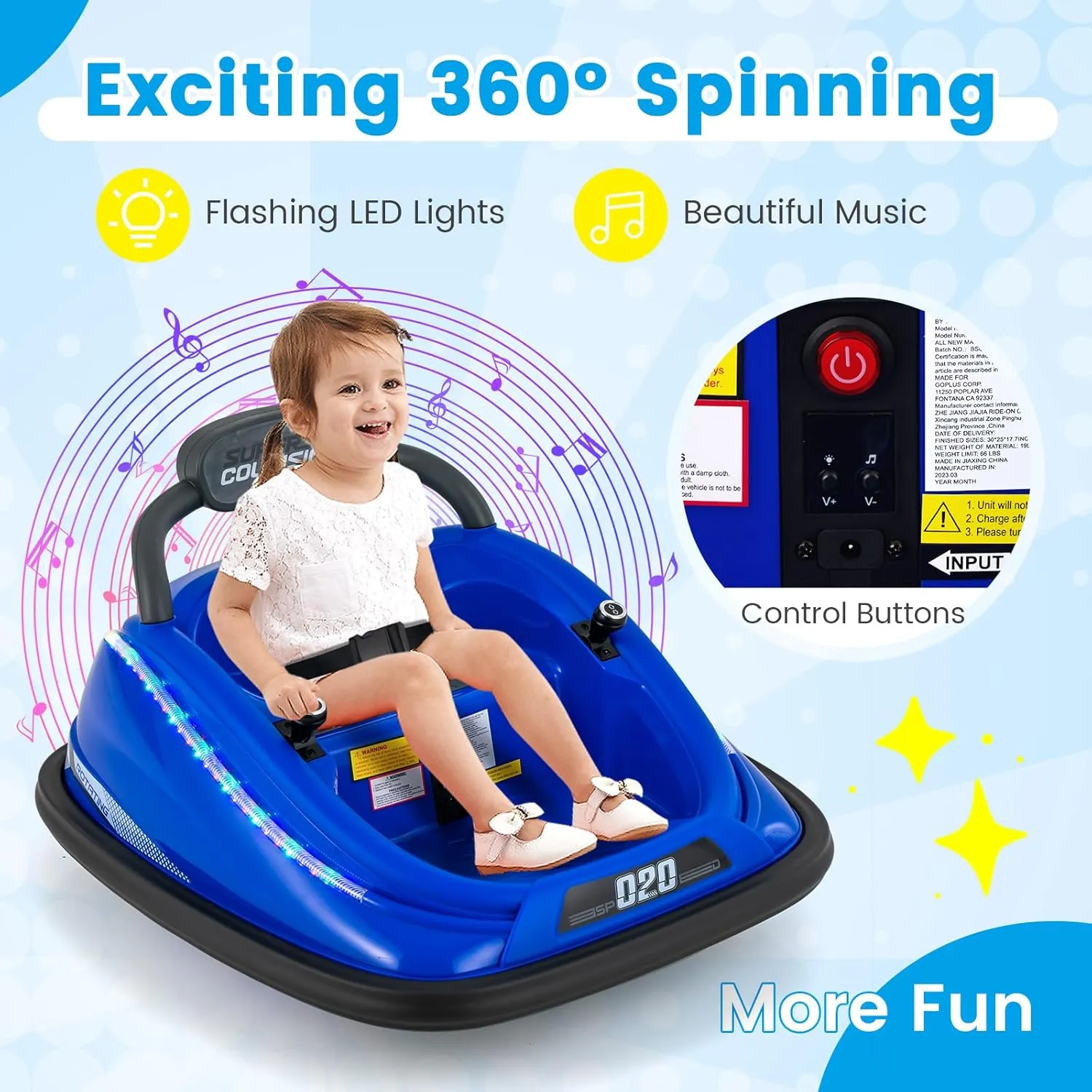 OLAKIDS Bumper Car for Toddlers, 12V Kids Electric Ride on Toy with Remote Control, Battery Powered Vehicle Racer for Baby, 360 Degree Spin Rotation, Colorful Flashing LED Lights, Music (Blue)