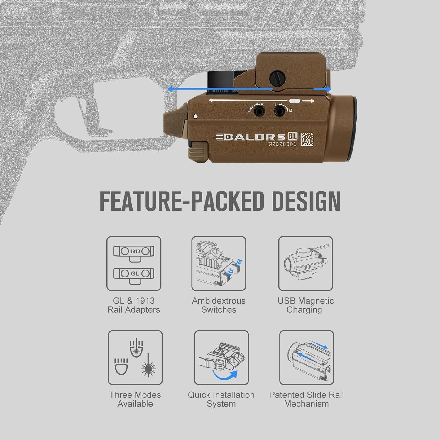 OLIGHT Baldr S Blue Beam 800 Lumens Magnetic USB Rechargeable Tactical Flashlight with White LED Combo, Compact Rail Mounted Light with 1913 or GL Rail, Battery Included (Desert Tan)