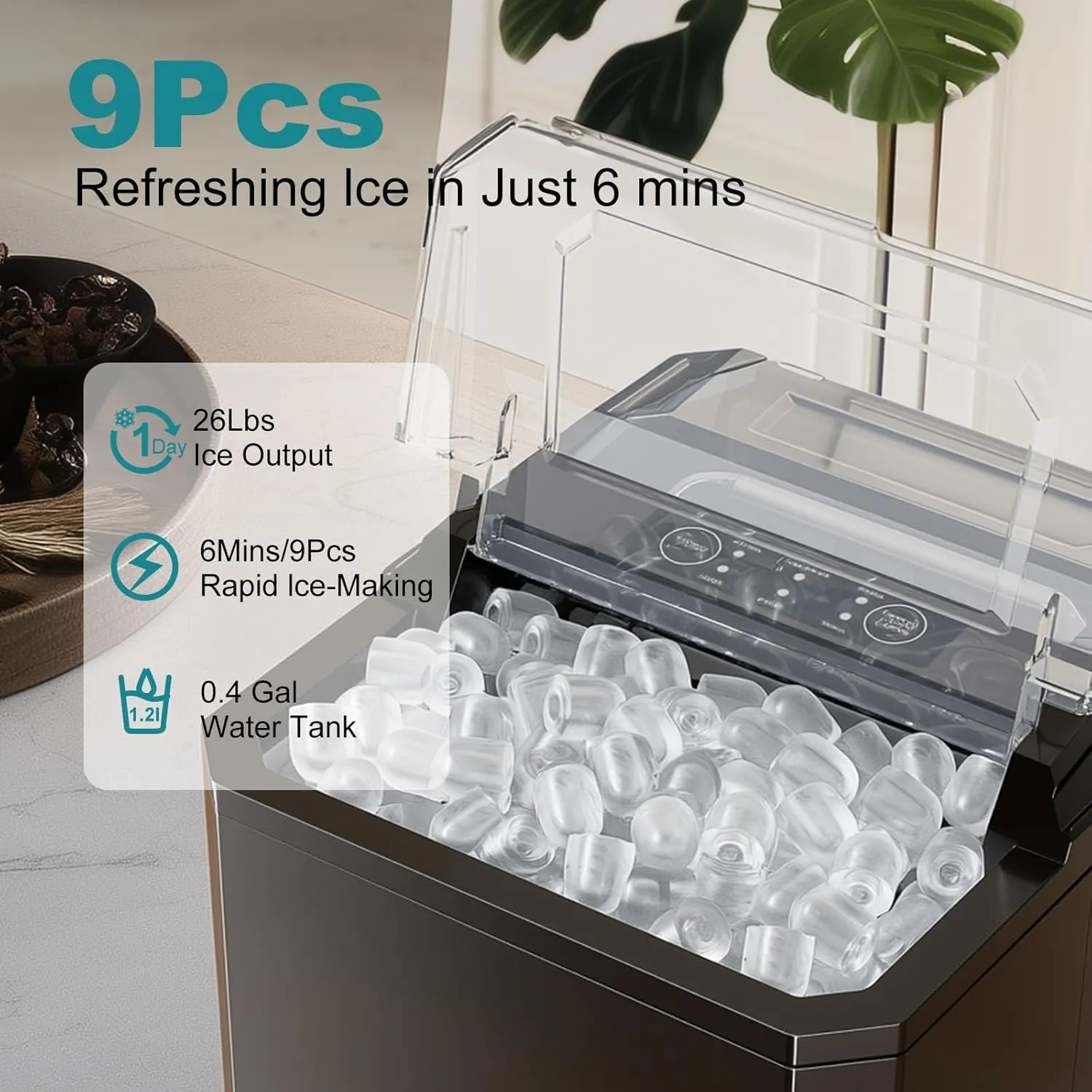 OLIXIS Ice Maker, Ice Makers Countertop with Handle, Portable Ice Machine, 9 Bullet Ice Cubes in 6 Mins, 26lbs in 24Hrs, Auto-Cleaning, with Basket and Scoop, for Home, Kitchen, RV, Camping, Black