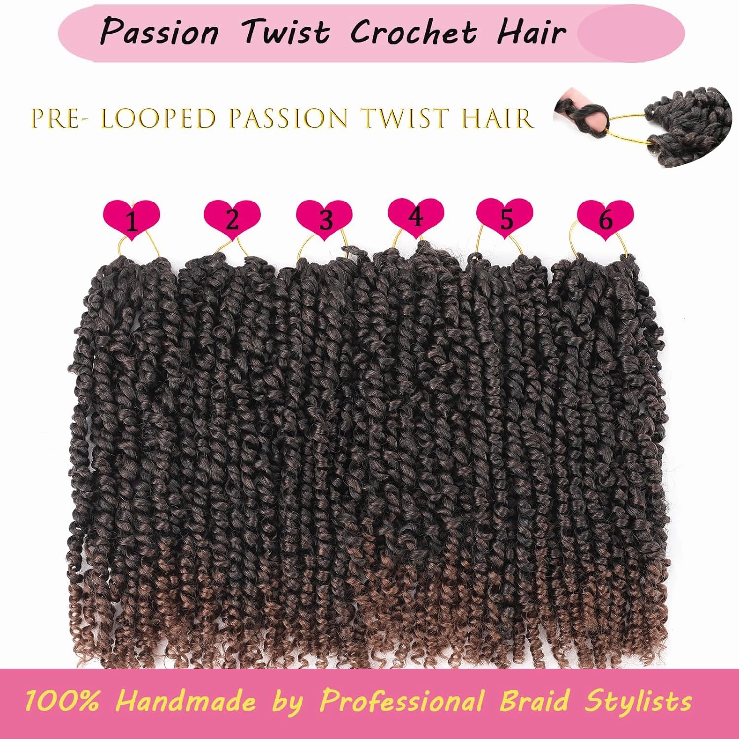 Ombre Brown Passion Twist Hair 10 Inch 6 Packs Passion Twist Crochet Hair for Black Women Pre Looped Short Passion Twist Hair Pre-twisted Bohemian Crochet Hair for Kids and Girls (10 Inch,T1B/30)