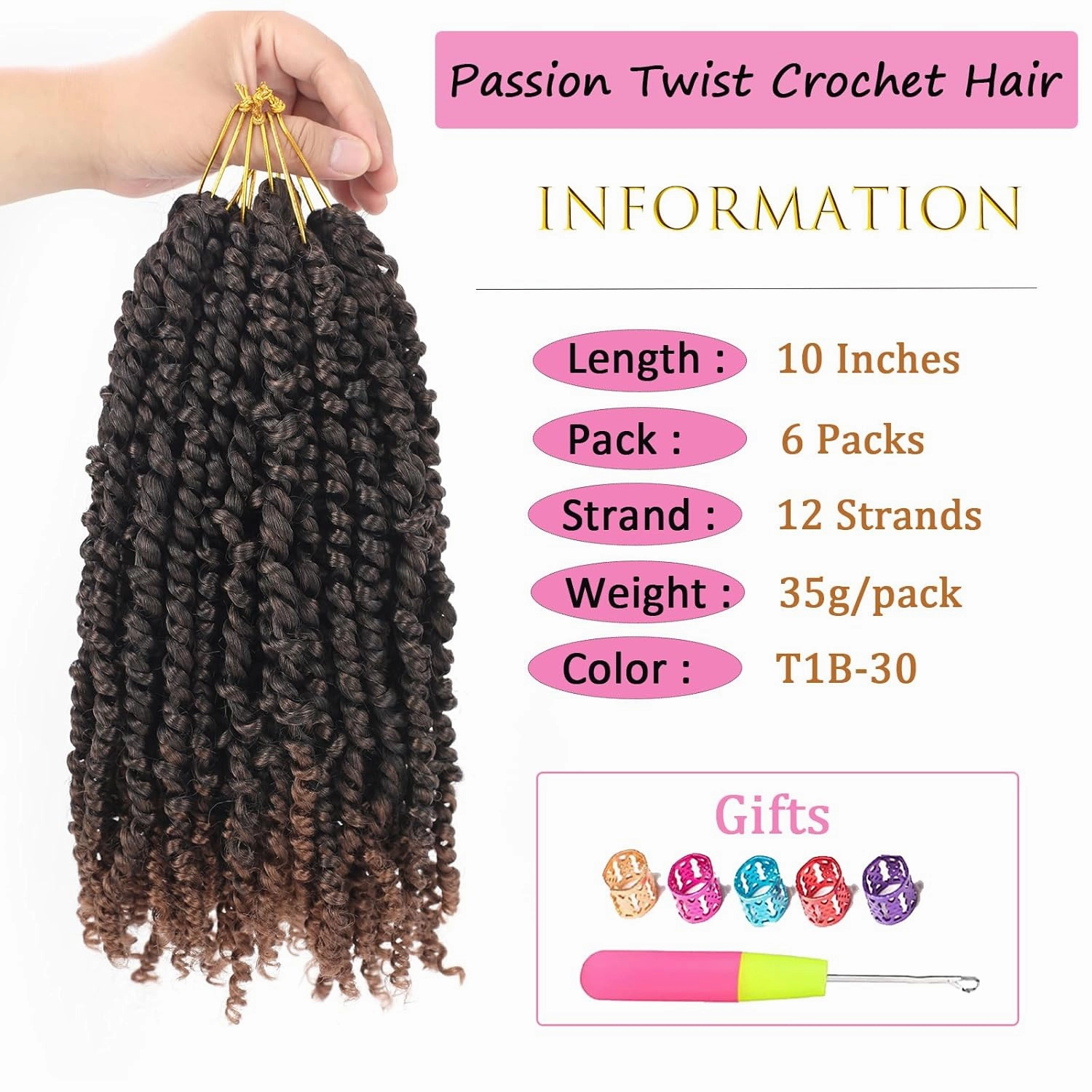 Ombre Brown Passion Twist Hair 10 Inch 6 Packs Passion Twist Crochet Hair for Black Women Pre Looped Short Passion Twist Hair Pre-twisted Bohemian Crochet Hair for Kids and Girls (10 Inch,T1B/30)
