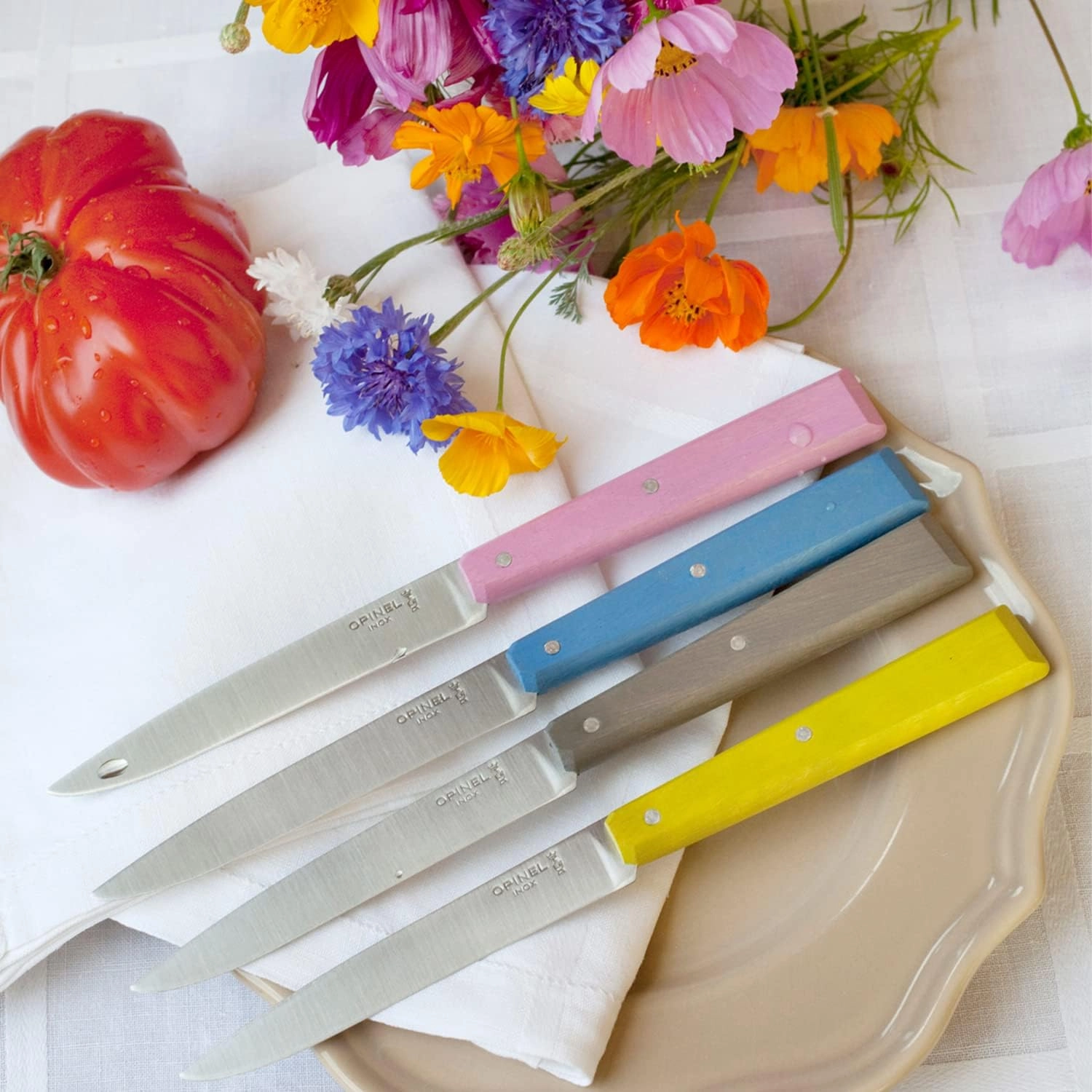 Opinel No. 125 Table Knives, 4 Piece Set, High Carbon Steel Dinner Knives for Parties, Entertaining, or Everyday Use, Painted Hornbeam Handles, Made in France (Countryside)