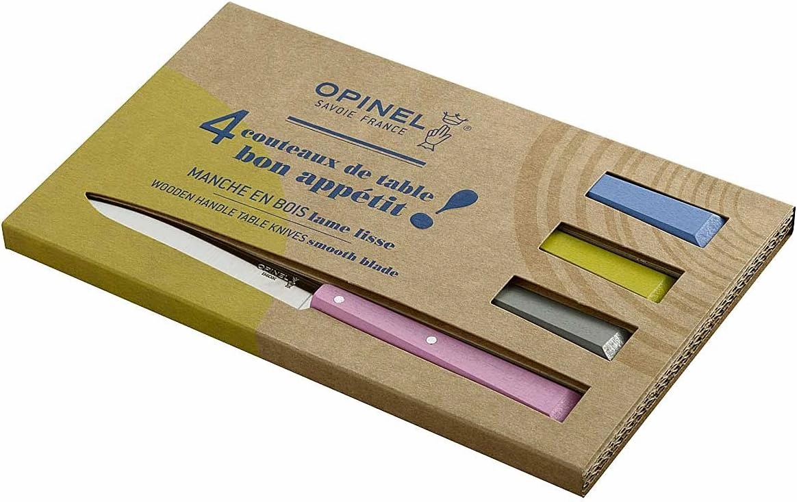 Opinel No. 125 Table Knives, 4 Piece Set, High Carbon Steel Dinner Knives for Parties, Entertaining, or Everyday Use, Painted Hornbeam Handles, Made in France (Countryside)