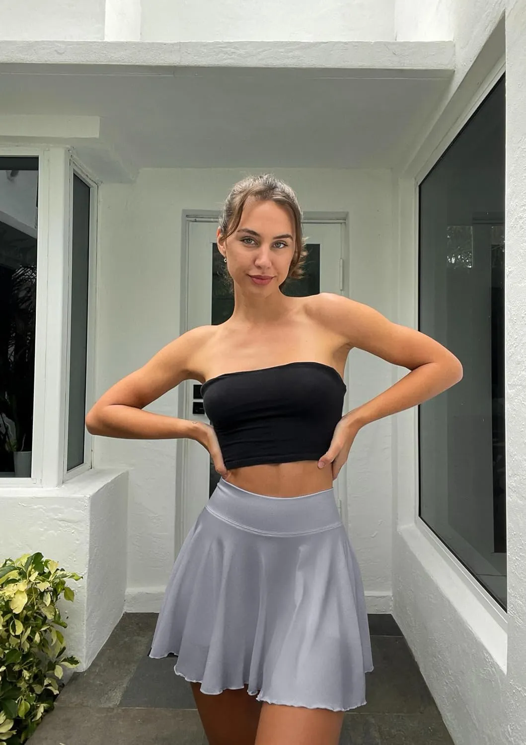 OQQ Women 2 Piece Skirts 2 in 1 Flowy Basic Versatile Stretchy Flared Casual Mini Skirts