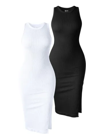 OQQ Women's 2 Piece Dress Sexy Ribbed Halter Neck Fashion Split Tank Tops Dresses