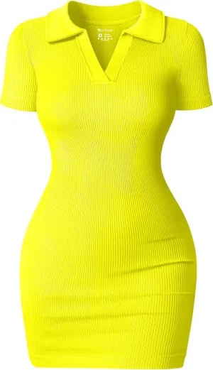 OQQ Women's Mini Dresses Sexy Ribbed Short Sleeve Tummy Control Bodycon Mini Dress