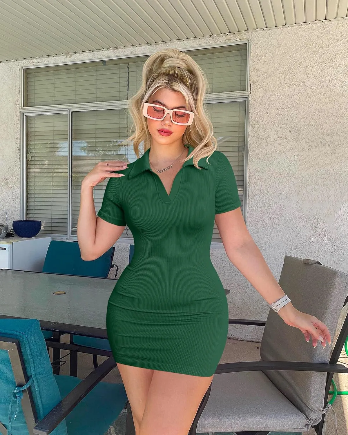 OQQ Women's Mini Dresses Sexy Ribbed Short Sleeve Tummy Control Bodycon Mini Dress