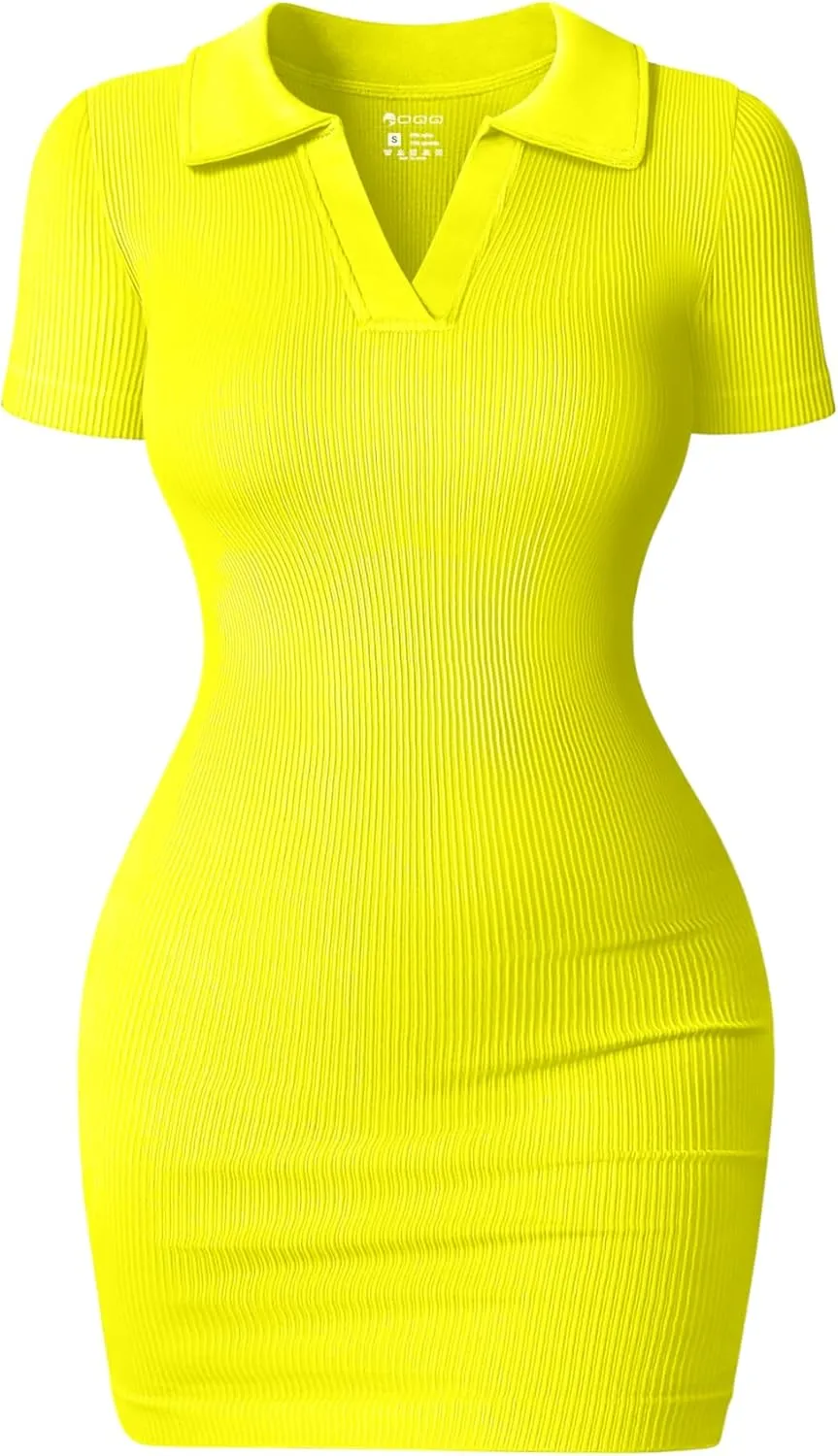 OQQ Women's Mini Dresses Sexy Ribbed Short Sleeve Tummy Control Bodycon Mini Dress
