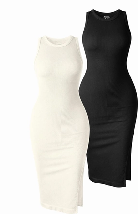 OQQ Women's 2 Piece Dress Sexy Ribbed Halter Neck Fashion Split Tank Tops Dresses