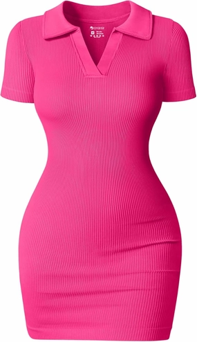 OQQ Women's Mini Dresses Sexy Ribbed Short Sleeve Tummy Control Bodycon Mini Dress