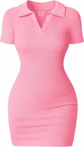OQQ Women's Mini Dresses Sexy Ribbed Short Sleeve Tummy Control Bodycon Mini Dress