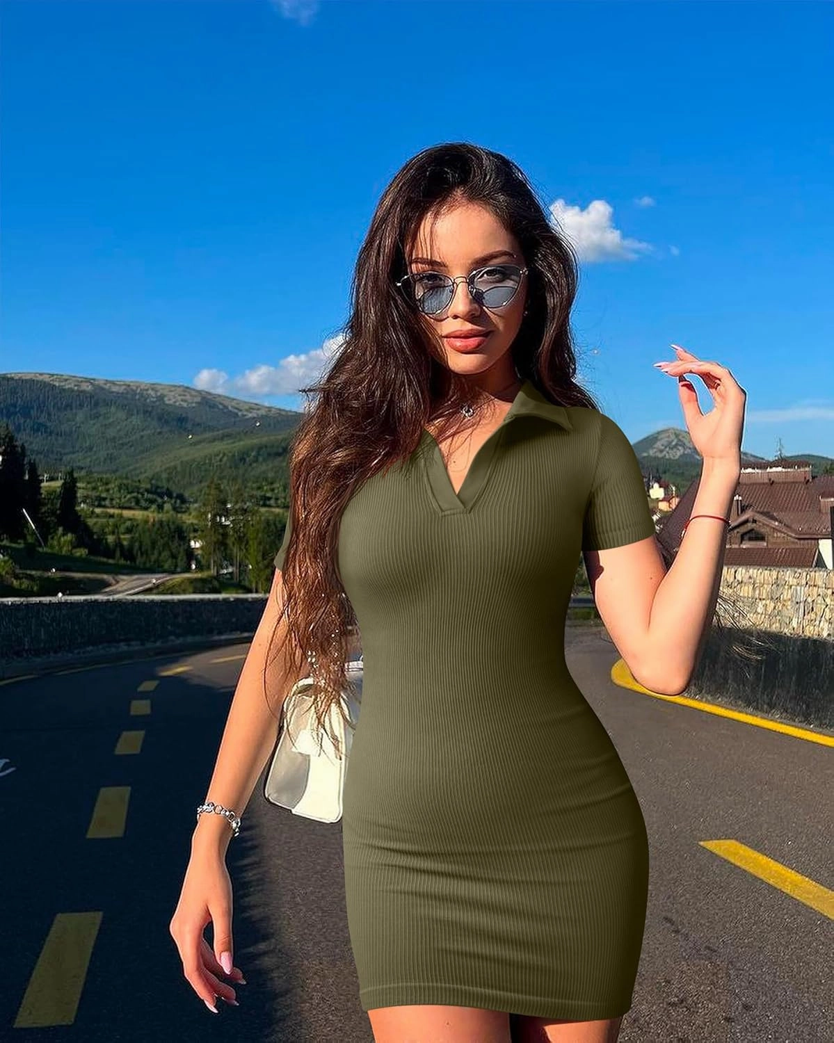 OQQ Women's Mini Dresses Sexy Ribbed Short Sleeve Tummy Control Bodycon Mini Dress