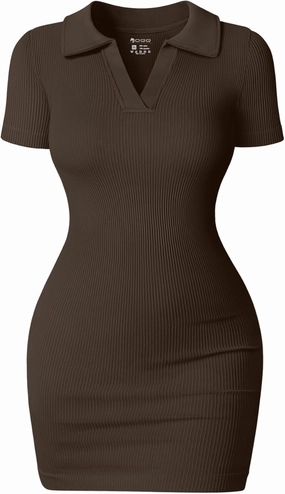 OQQ Women's Mini Dresses Sexy Ribbed Short Sleeve Tummy Control Bodycon Mini Dress