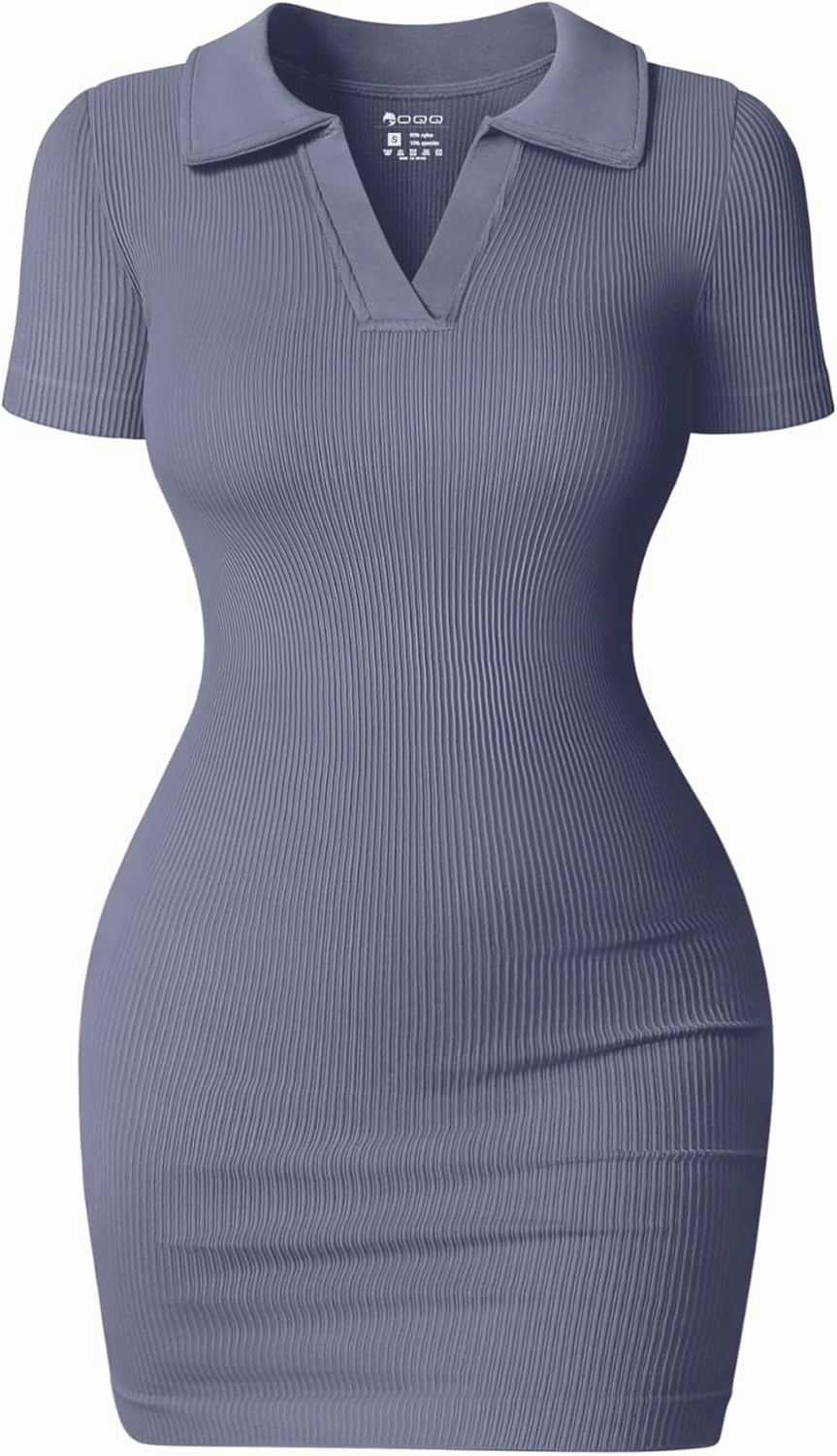 OQQ Women's Mini Dresses Sexy Ribbed Short Sleeve Tummy Control Bodycon Mini Dress